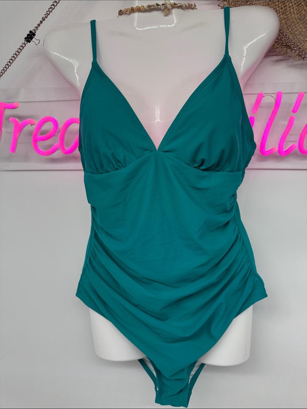 Cupshe Teal V-Neck Ruched One-Piece Bodysuit